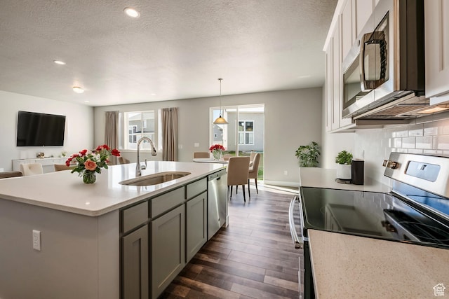 3807 W 1760 S Unit 207, Taylor, UT 84401 - kitchen featuring dark wood-style flooring, stainless steel appliances, decorative backsplash, a sink, and an island with sink