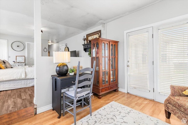 interior space featuring baseboards, access to exterior, and wood finished floors