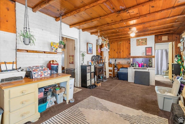 kitchen with carpet flooring, wood ceiling, brick wall, and beamed ceiling