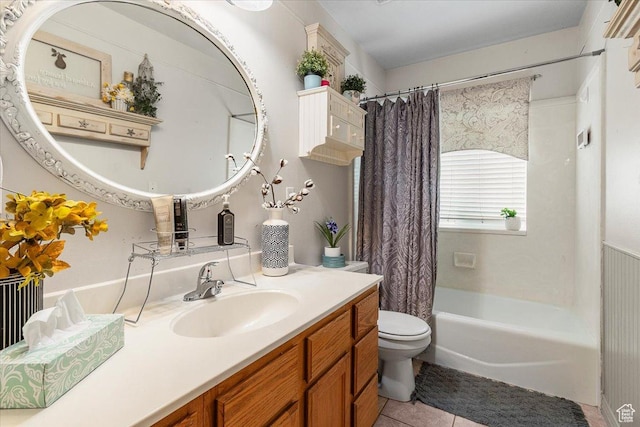 full bath with shower / tub combo with curtain, toilet, tile patterned flooring, and vanity