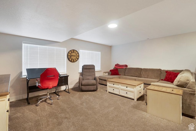 4143 W Gate Keeper Dr, Herriman, UT 84096 - carpeted living room featuring baseboards, recessed lighting, and a desk