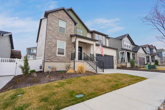 4143 W Gate Keeper Dr, Herriman, UT 84096 - craftsman-style house with stone siding, concrete driveway, board and batten siding, a residential view, and a garage