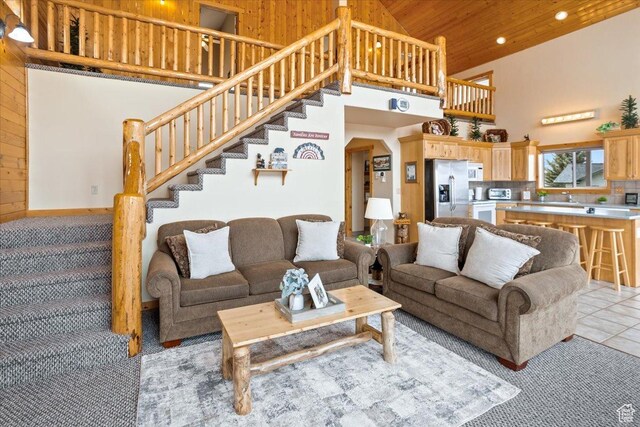 792 S Spruce Dr S, Garden City, UT 84028 - living area featuring high vaulted ceiling, stairs, recessed lighting, wooden ceiling, and light tile patterned floors