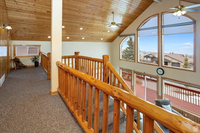 792 S Spruce Dr S, Garden City, UT 84028 - hallway with carpet flooring, an upstairs landing, baseboards, recessed lighting, and wooden ceiling