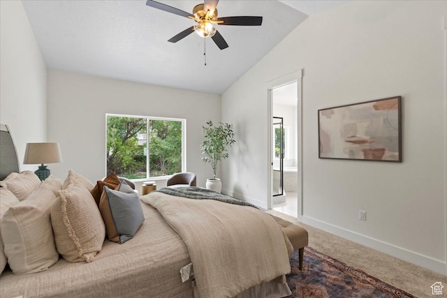3779 S Old Wood, West Valley City, UT 84120 - carpeted bedroom featuring baseboards, vaulted ceiling, connected bathroom, and a ceiling fan