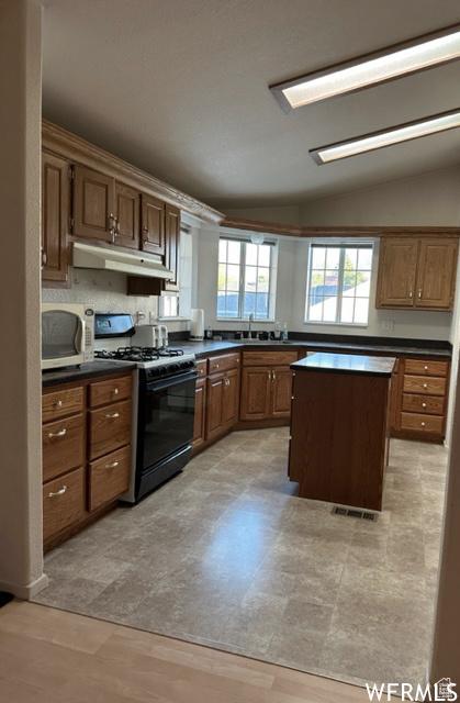 2103 S Mountain Vista Ln E, Provo, UT 84606 - kitchen with stainless steel microwave, dark countertops, black gas range oven, and vaulted ceiling