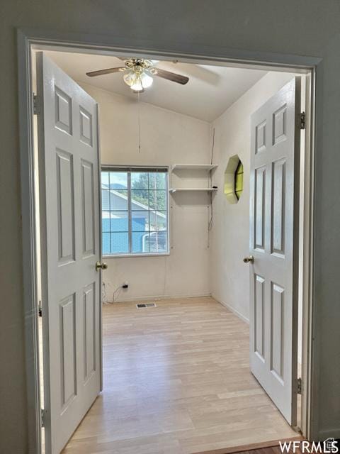 2103 S Mountain Vista Ln E, Provo, UT 84606 - interior space with a ceiling fan, vaulted ceiling, light wood-style flooring, and visible vents