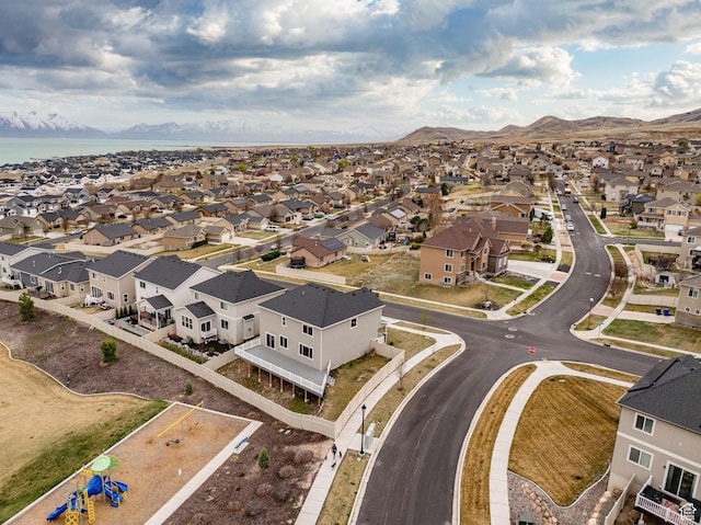 aerial view featuring a residential view and a mountain view