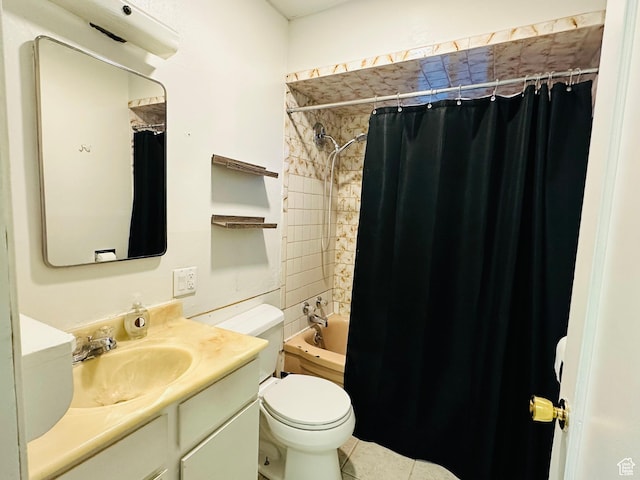 full bathroom featuring shower / tub combo, tile patterned floors, toilet, and vanity