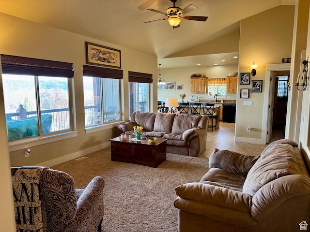 29 W Tamarind Way, Garden City, UT 84028 - living area with a ceiling fan, baseboards, plenty of natural light, and lofted ceiling
