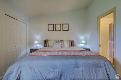 bedroom with a closet and lofted ceiling