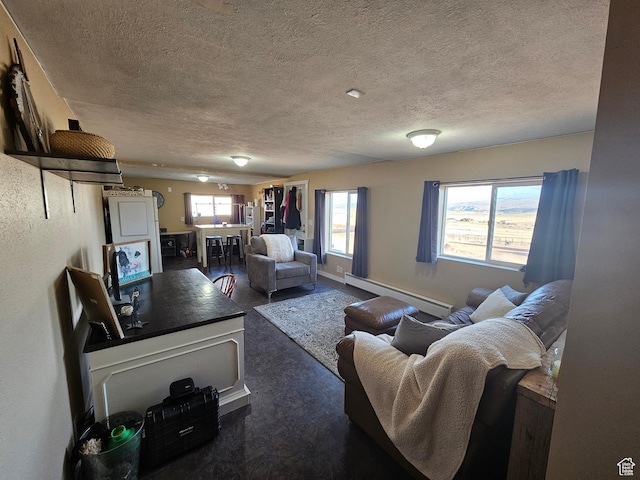 living area featuring a baseboard radiator, dark colored carpet, and a textured ceiling