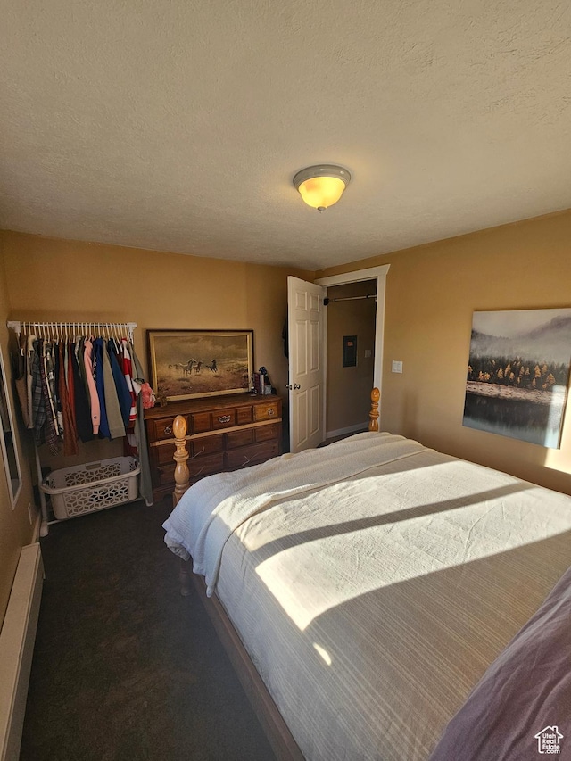 bedroom featuring carpet flooring, a textured ceiling, and baseboard heating