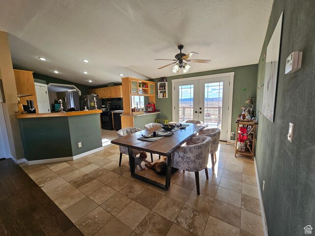 dining room with a textured ceiling, french doors, recessed lighting, and a ceiling fan