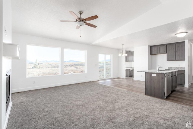 1167 W Rocky Way Unit 617, Grantsville, UT 84029 - unfurnished living room with carpet floors, a sink, a textured ceiling, lofted ceiling, and ceiling fan with notable chandelier