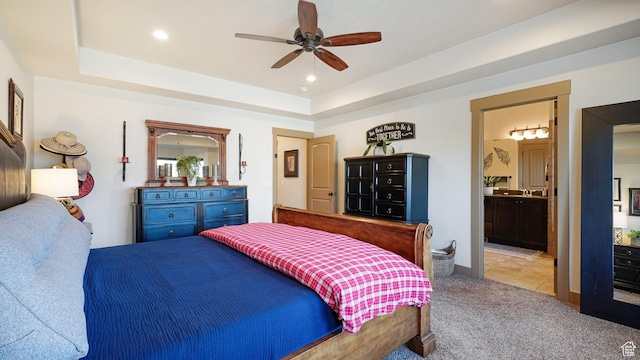 198 E Cameron Dr, Saratoga Springs, UT 84045 - bedroom featuring recessed lighting, a raised ceiling, carpet floors, ensuite bath, and a ceiling fan
