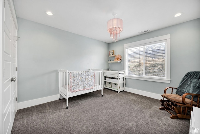 116 N 820 E, Hyde Park, UT 84318 - carpeted bedroom with baseboards, visible vents, recessed lighting, and a notable chandelier