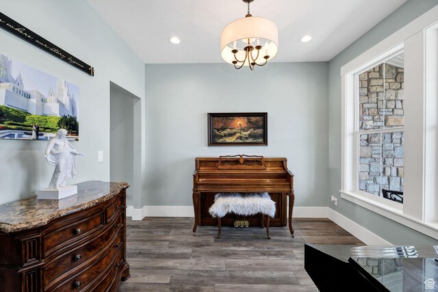 116 N 820 E, Hyde Park, UT 84318 - sitting room featuring baseboards, dark wood-style floors, an inviting chandelier, and recessed lighting