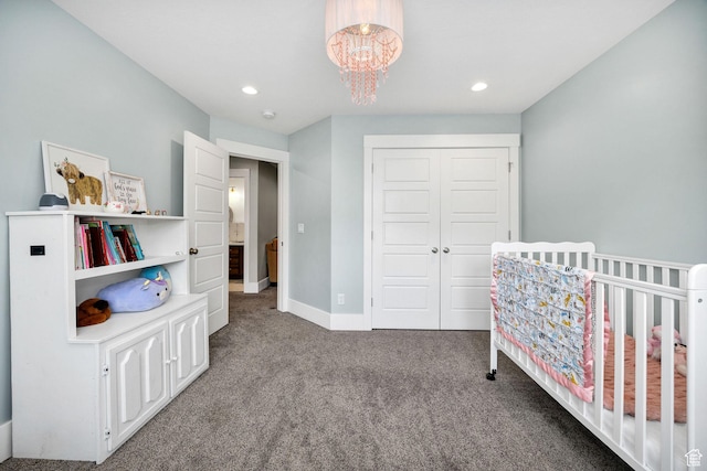 116 N 820 E, Hyde Park, UT 84318 - carpeted bedroom featuring baseboards, a notable chandelier, a closet, and recessed lighting