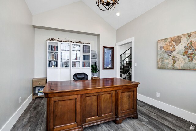 116 N 820 E, Hyde Park, UT 84318 - office space with baseboards, vaulted ceiling, dark wood-style flooring, and an inviting chandelier