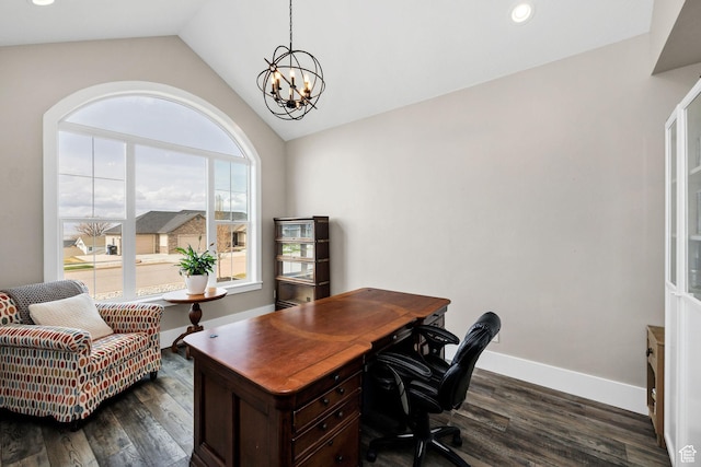 116 N 820 E, Hyde Park, UT 84318 - office area with dark wood-type flooring, baseboards, vaulted ceiling, and a chandelier