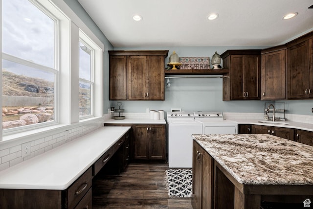 116 N 820 E, Hyde Park, UT 84318 - clothes washing area with a sink, independent washer and dryer, cabinet space, recessed lighting, and dark wood-style flooring