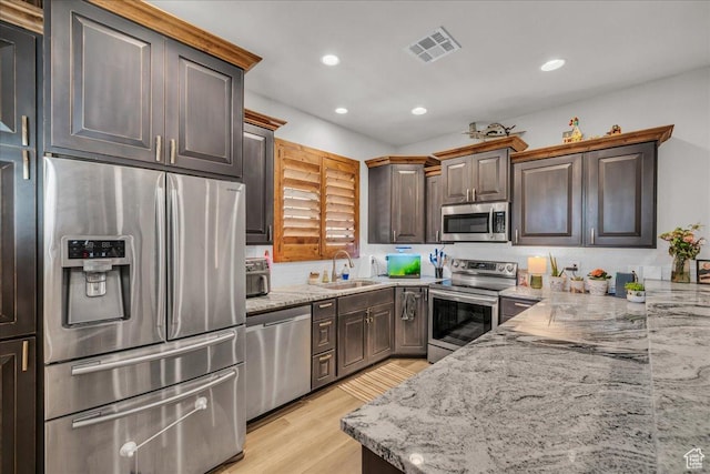 580 S 920 W, Hurricane, UT 84737 - kitchen with a sink, visible vents, light wood-style flooring, light stone countertops, and appliances with stainless steel finishes