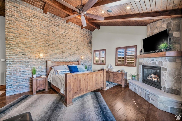 580 S 920 W, Hurricane, UT 84737 - bedroom featuring high vaulted ceiling, wood ceiling, hardwood / wood-style flooring, a fireplace, and beamed ceiling