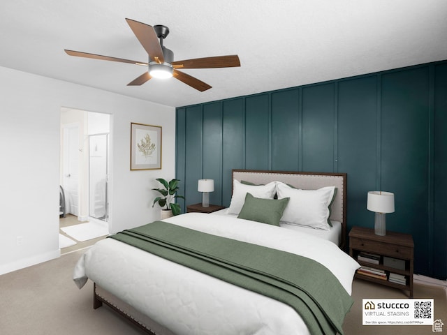 14353 S Ashvale Dr, Herriman, UT 84096 - bedroom featuring a decorative wall, carpet floors, a ceiling fan, and ensuite bath