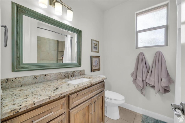 875 E Roadrunner Dr, Washington, UT 84780 - bathroom featuring baseboards, toilet, vanity, a shower with curtain, and tile patterned flooring