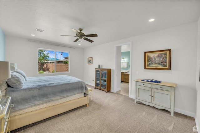 875 E Roadrunner Dr, Washington, UT 84780 - bedroom featuring a ceiling fan, light carpet, baseboards, visible vents, and recessed lighting