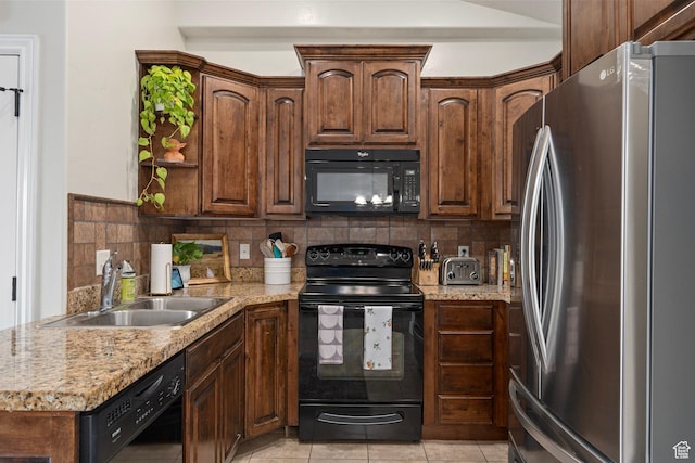 343 S 790 W Unit 301, Pleasant Grove, UT 84062 - kitchen featuring a sink, open shelves, light tile patterned floors, black appliances, and decorative backsplash