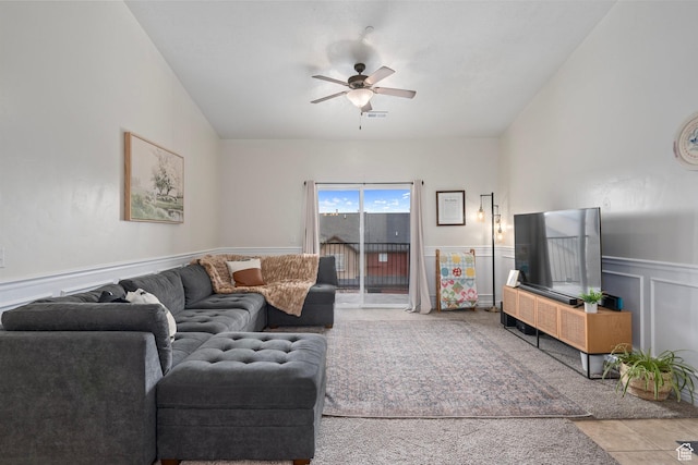 343 S 790 W Unit 301, Pleasant Grove, UT 84062 - tiled living room with visible vents, a ceiling fan, and wainscoting