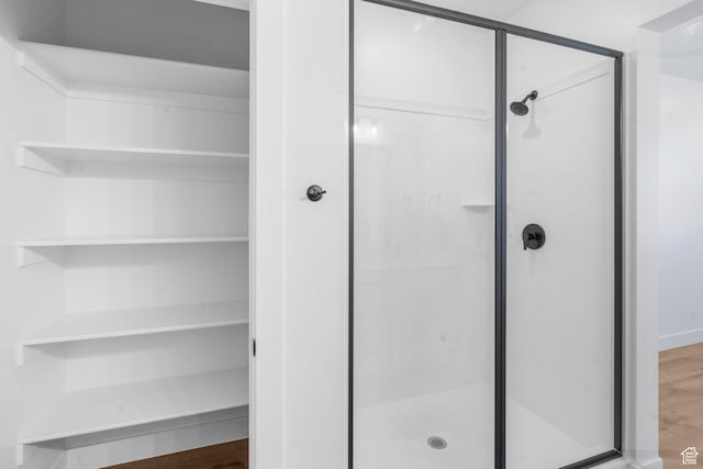 2841 N Rosie Loop N, Cedar City, UT 84721 - bathroom featuring a closet, wood finished floors, and a shower stall