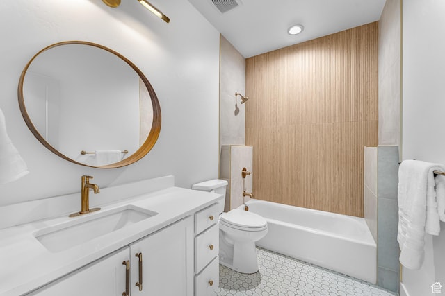 full bathroom with toilet, vanity,  shower combination, and visible vents