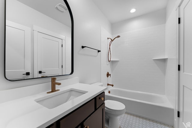 full bath with toilet, tile patterned floors, recessed lighting, vanity, and shower / washtub combination