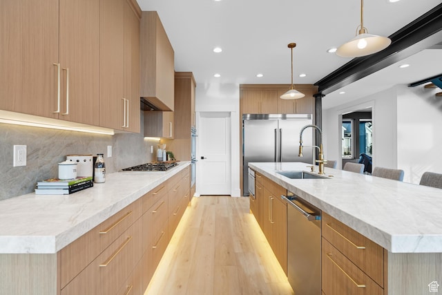 kitchen with a sink, modern cabinets, stainless steel appliances, and light wood finished floors