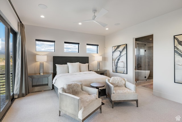 7045 E Moon Light Dr, Heber City, UT 84032 - bedroom featuring light carpet, recessed lighting, ensuite bath, ceiling fan, and baseboards