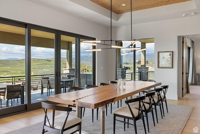 7045 E Moon Light Dr, Heber City, UT 84032 - dining space featuring wood ceiling, light wood-style flooring, a tray ceiling, a chandelier, and golf course view