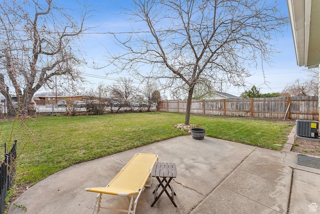 view of patio featuring a fenced backyard and central air condition unit