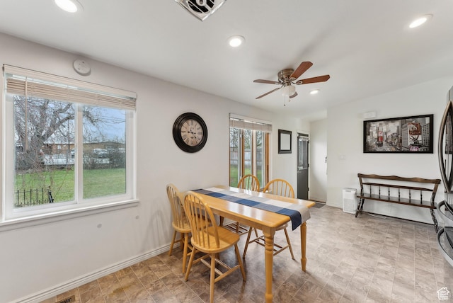 dining area featuring baseboards, visible vents, recessed lighting, and a ceiling fan