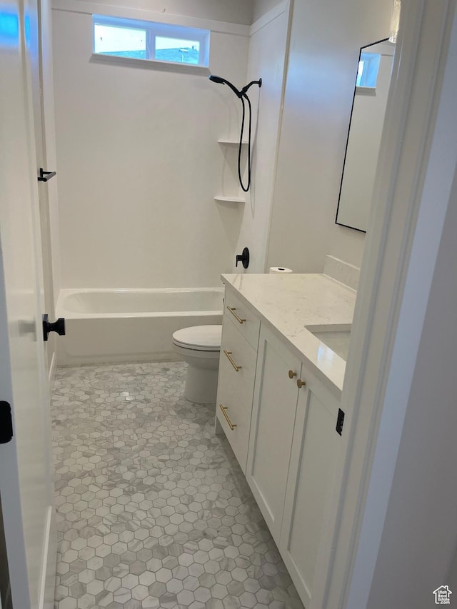 bathroom with shower / bath combination, toilet, vanity, and tile patterned floors