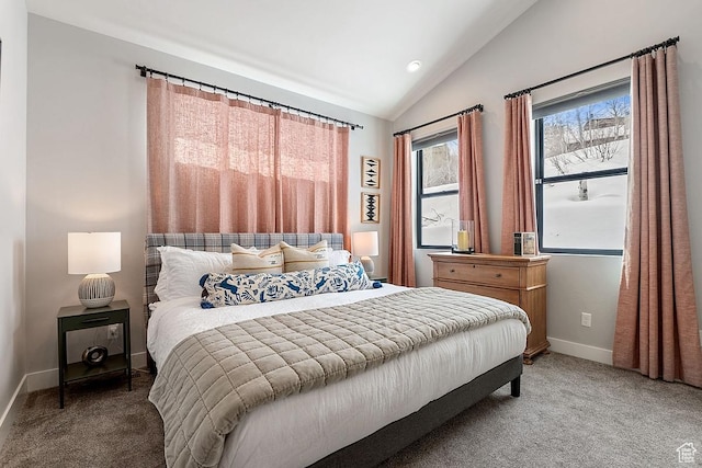 8680 Saddleback Cir, Park City, UT 84098 - bedroom featuring vaulted ceiling, light colored carpet, baseboards, and recessed lighting
