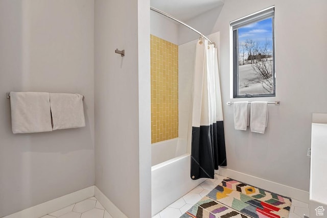 8680 Saddleback Cir, Park City, UT 84098 - full bathroom with tile patterned floors, shower / tub combo with curtain, and baseboards