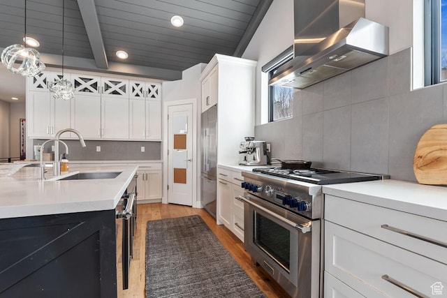 8680 Saddleback Cir, Park City, UT 84098 - kitchen with high end appliances, a sink, wall chimney range hood, light wood-style flooring, and light countertops