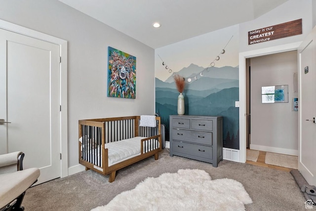 8680 Saddleback Cir, Park City, UT 84098 - carpeted bedroom featuring a nursery area, recessed lighting, and baseboards
