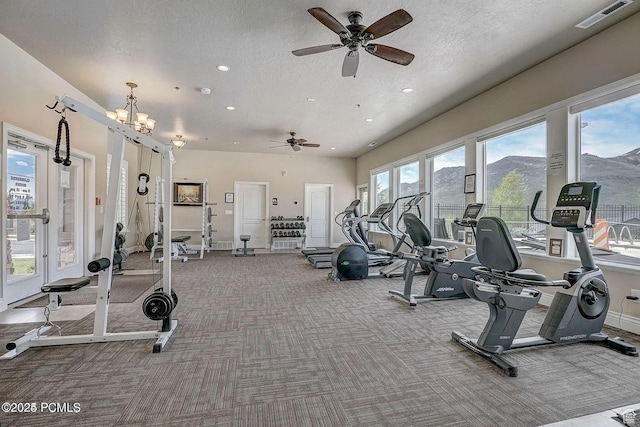 5265 N Laurelwood St N, Heber City, UT 84032 - workout area featuring carpet, visible vents, a textured ceiling, and ceiling fan with notable chandelier