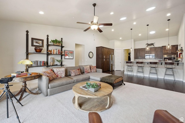 5265 N Laurelwood St N, Heber City, UT 84032 - living area featuring recessed lighting, lofted ceiling, dark wood-style floors, and ceiling fan