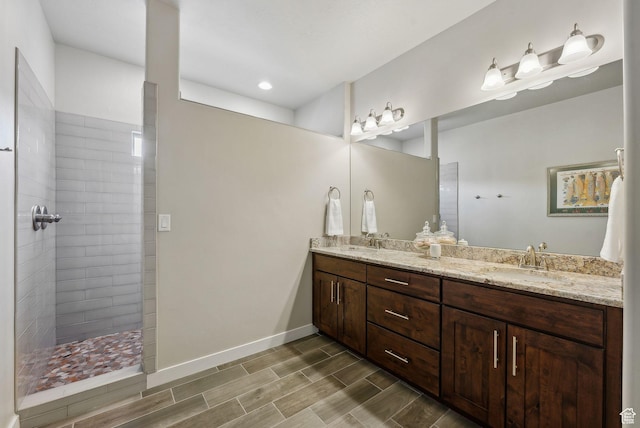 5265 N Laurelwood St N, Heber City, UT 84032 - bathroom with a walk in shower, double vanity, a sink, and wood tiled floor