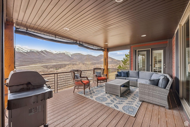 5265 N Laurelwood St N, Heber City, UT 84032 - wooden terrace featuring an outdoor living space, a grill, and a mountain view